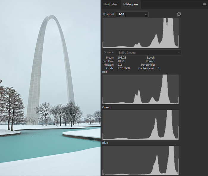 image of arch and histogram for 16 bit image